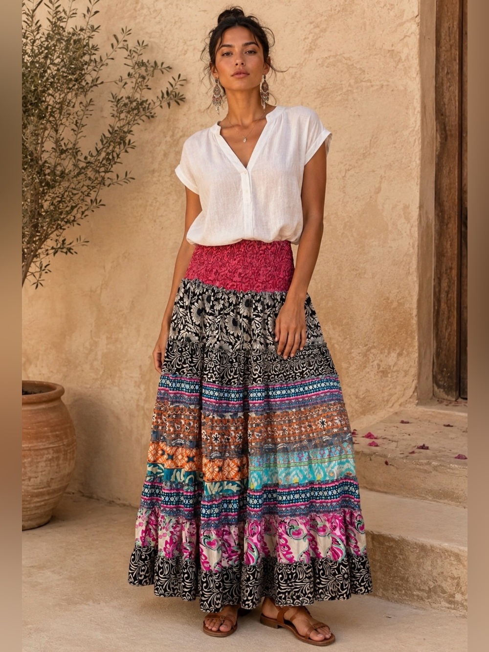 Bohemian Tiered Maxi Skirt with Fuchsia Smocked Waistband